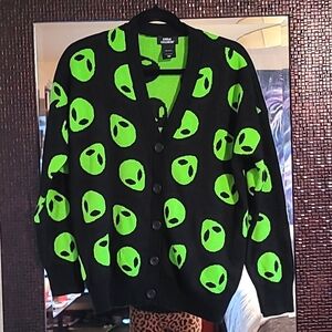 Social Collision Alien Head Button up pullover sweater